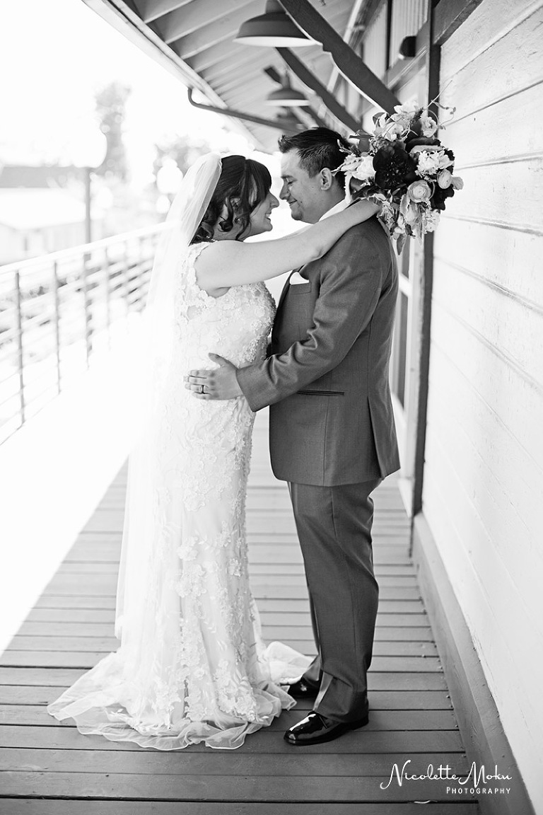 whittier wedding, whittier historic train station, whittier radisson, catholic wedding, st mary's wedding, vintage wedding, red wedding, red and grey wedding, black and white wedding photos, alley way photos, spring bouquet, romantic wedding photos