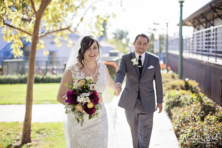 whittier wedding, whittier historic train station, whittier radisson, catholic wedding, st mary's wedding, vintage wedding, red wedding, red and grey wedding, black and white wedding photos, alley way photos, spring bouquet, romantic wedding photos