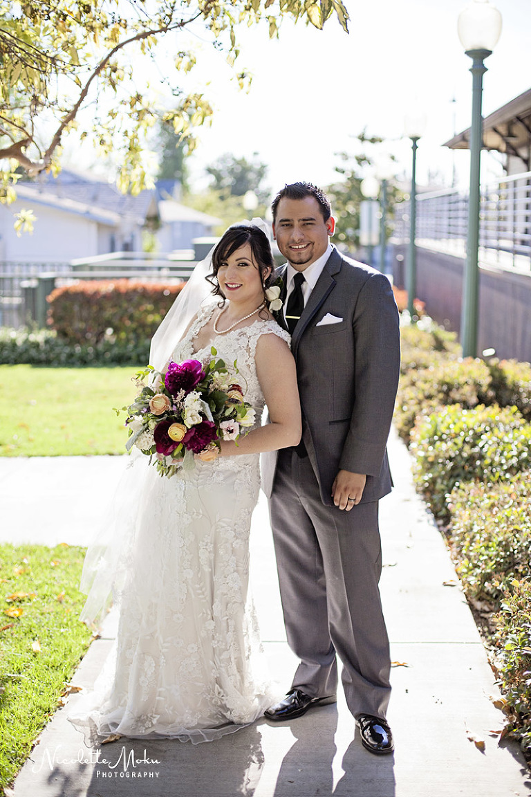 whittier wedding, whittier historic train station, whittier radisson, catholic wedding, st mary's wedding, vintage wedding, red wedding, red and grey wedding, black and white wedding photos, alley way photos, spring bouquet, romantic wedding photos
