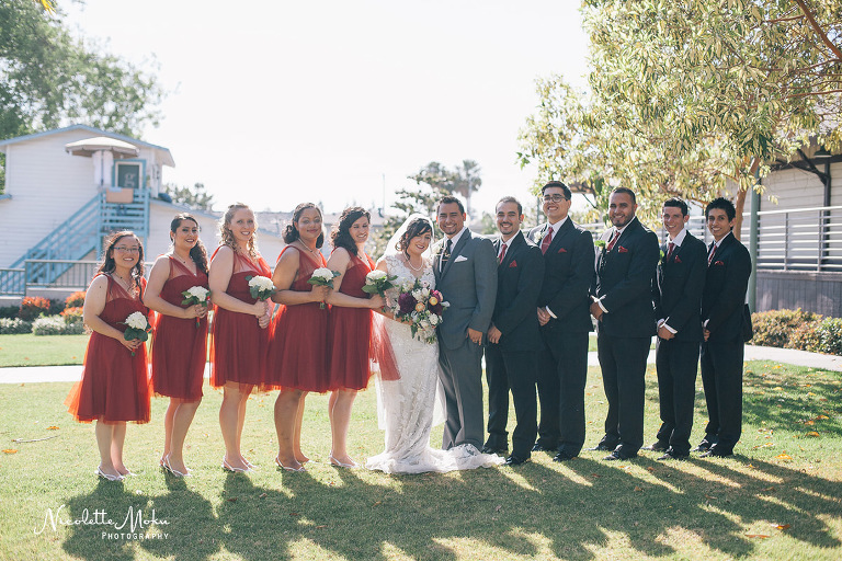 whittier wedding, whittier historic train station, whittier radisson, catholic wedding, st mary's wedding, vintage wedding, red wedding, red and grey wedding, black and white wedding photos, alley way photos, spring bouquet, romantic wedding photos