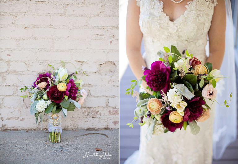 whittier wedding, whittier historic train station, whittier radisson, catholic wedding, st mary's wedding, vintage wedding, red wedding, red and grey wedding, black and white wedding photos, alley way photos, spring bouquet, romantic wedding photos