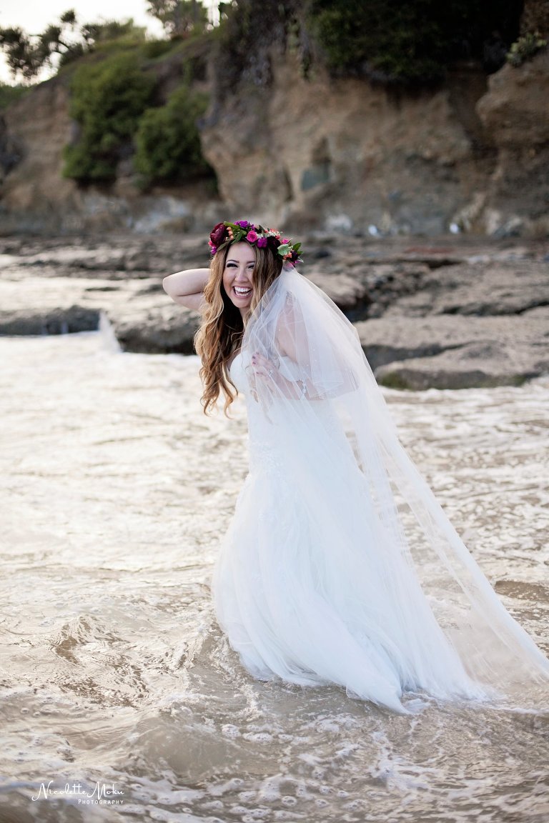 beach trash the dress, beach wedding, elaine traches, flower crown wedding photos, formal wedding portraits on the beach, laguna beach family photographer, laguna beach wedding, laguna beach wedding photographer, oc wedding photographer, orange county wedding photographer, outdoor wedding, tide pool wedding photos, trash the dress, trash the dress session, water trash the dress, wedding photos in the water, wedding photos on the beach, whimsical wedding portraits