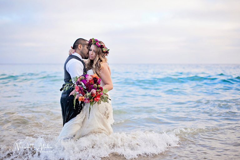 beach trash the dress, beach wedding, elaine traches, flower crown wedding photos, formal wedding portraits on the beach, laguna beach family photographer, laguna beach wedding, laguna beach wedding photographer, oc wedding photographer, orange county wedding photographer, outdoor wedding, tide pool wedding photos, trash the dress, trash the dress session, water trash the dress, wedding photos in the water, wedding photos on the beach, whimsical wedding portraits