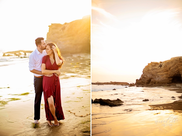 newport beach engagement session, crystal cove engagement session, nicolette moku photography, whittier photographer, sunset beach photos, golden hour engagement, vici dolls dress, lizel shoup, andrew shoup, boutique wedding photographer, outdoor engagement, natural light photographer, dreamy engagement, dreamy beach portraits, dreamy light, dreamy sunset, southern california beach portraits, orange county engagement