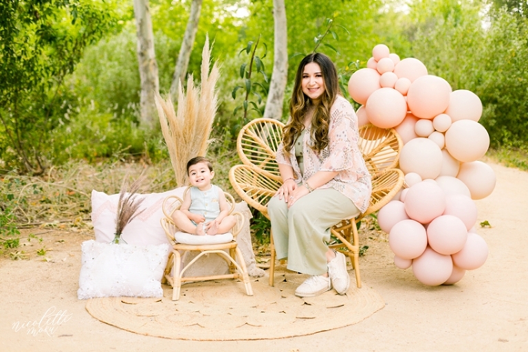 mommy and me session, spring mini session, styled spring session, outdoor family pictures, contemporary family pictures, daisy rattan chair, drea designs, balloon garland, mommy and baby photos, mothers day pictures, whittier photographer, whittier family photographer