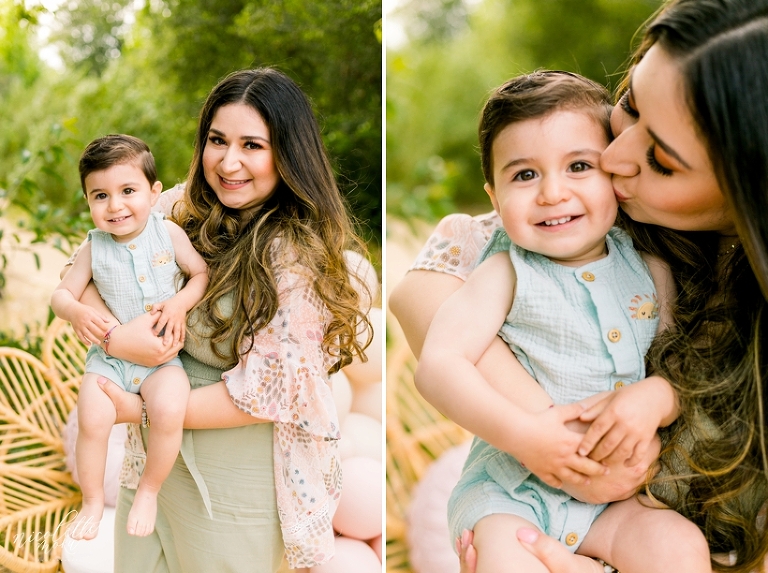 mommy and me session, spring mini session, styled spring session, outdoor family pictures, contemporary family pictures, daisy rattan chair, drea designs, balloon garland, mommy and baby photos, mothers day pictures, whittier photographer, whittier family photographer
