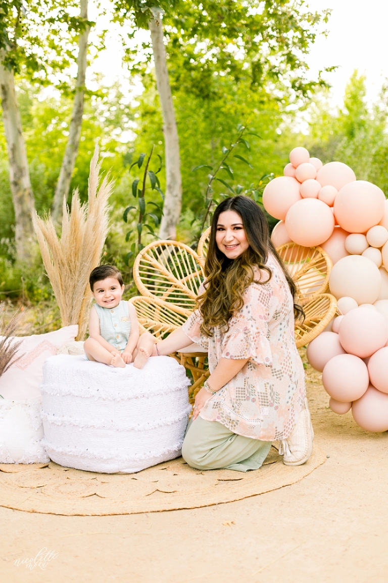 mommy and me session, spring mini session, styled spring session, outdoor family pictures, contemporary family pictures, daisy rattan chair, drea designs, balloon garland, mommy and baby photos, mothers day pictures, whittier photographer, whittier family photographer